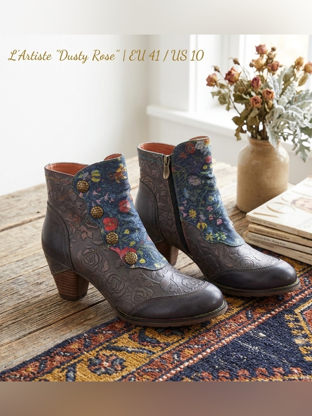 L’Artist by Spring Step Women's Floral Embossed Ankle Boots in Blue, Gray, Pink
